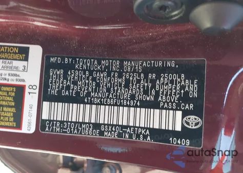 2015 Toyota Avalon Limited z USA, uszkodzony, nr VIN 4T1BK1EB6FU184974